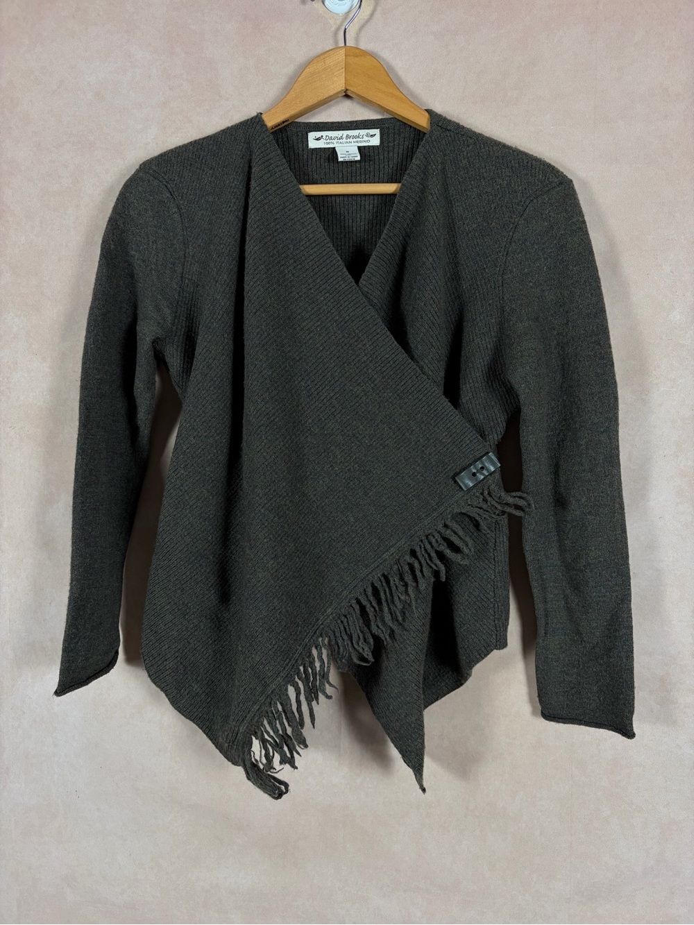 David Brooks Wool Wrap-Front Fringe Knit Sweater - Dark Green